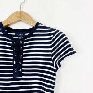 Chaps Navy Blue & White Striped Short Sleeve Maxi Dress‎ Side Slit Size Medium